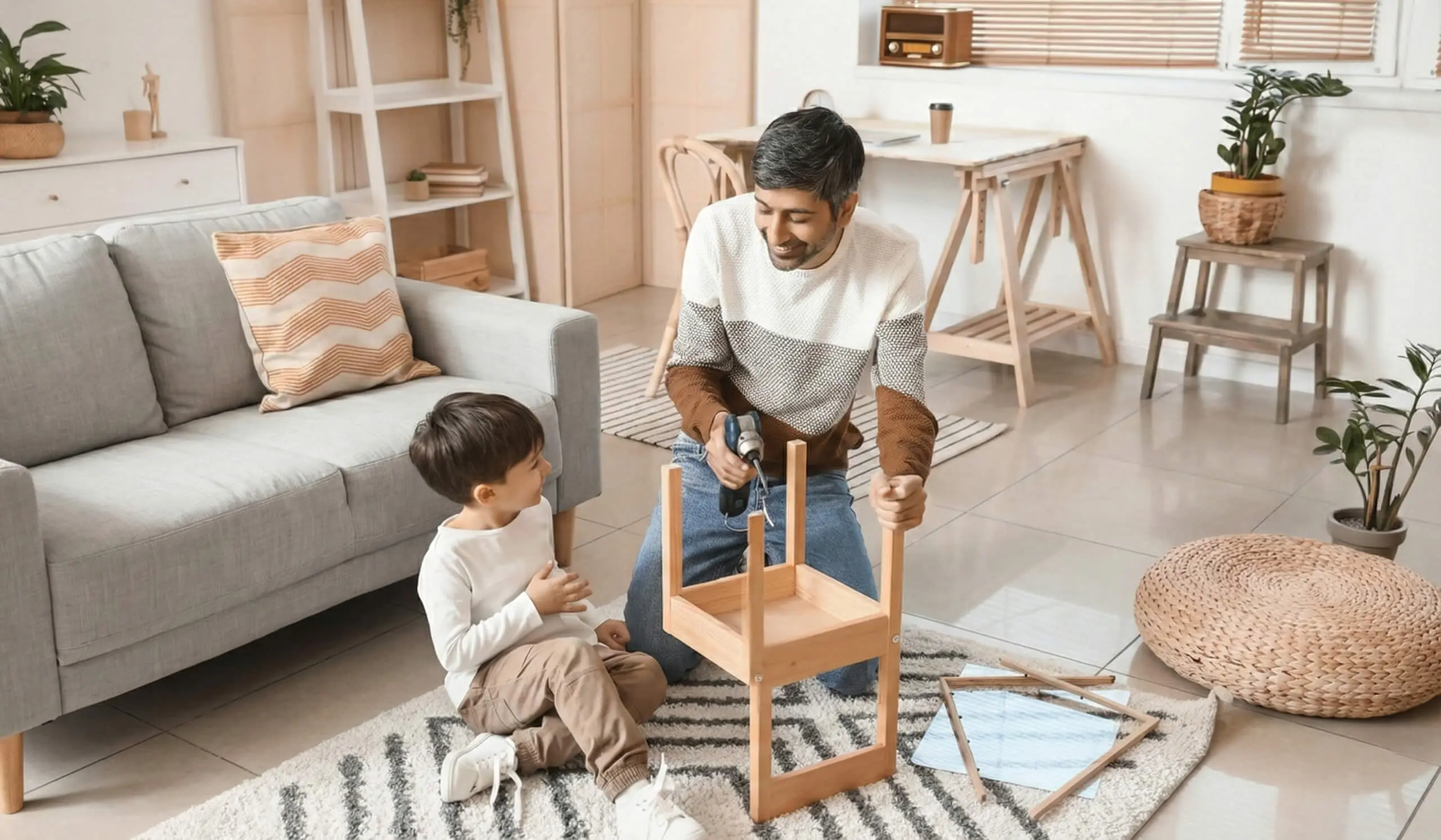 Man and child assembling a wooden chair in a bright living room, with sofa, rug, and plants nearby.