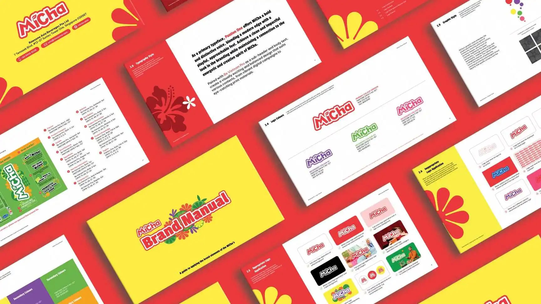 Collection of printed brand collaterals and cards featuring the Micha logo and floral graphics.